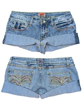 Vintage y2k Nobo Low Rise Micro Mini Jean Booty Shorts 11 / 29 Bling Embroidered